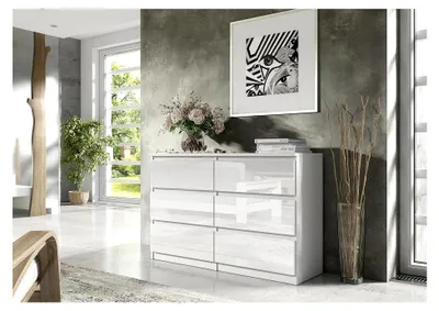 Produktbild von Kommode 138,5 cm Weiß mit Hochglanzfronten und 6 Schubladen - 138,5 x 78,5 x 39 cm - Sideboard für Wohnzimmer und Schlafzimmer