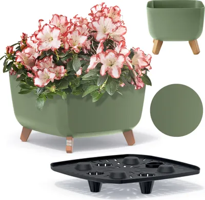 A square planter with pink and white flowers and a black insert shown in a collage with other views of the planter and a color swatch.