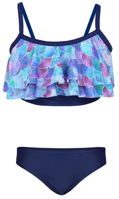 Produktbild von Aquarti Mädchen Bikini Set Bustier Bikinislip Zweiteiliger Badeanzug, Farbe: 030A mit Rüschen / Meerjungfrau Lila / Dunkelblau, Größe: 140