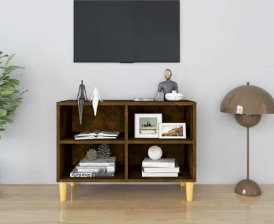 Zdjęcie produktu dla The Living Store szafka pod telewizor z nogami z litego drewna dąb wędzony 69,5x30x50 cm