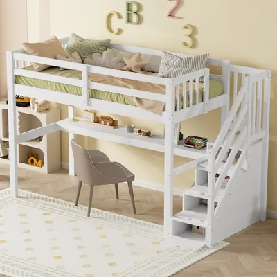 Zdjęcie produktu dla Dziecięce łóżko na poddaszu z biurkiem, schowkiem i szufladami, białe, 90x200 cm, drewno sosnowe, 147,5 cm wysokości, 120 kg nośności