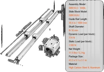 Zdjęcie produktu dla Zestaw prowadnic liniowych VEVOR, wysoka nośność, trwała konstrukcja z aluminium i stali, SBR16 1000MM