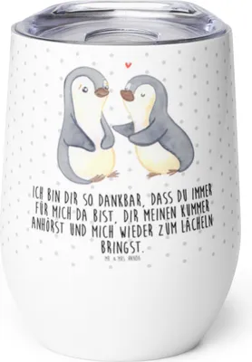 Produktbild von Mr. & Mrs. Panda Thermo Becher Pinguine trösten - Weiß - Geschenk, Thermobecher, für Freundin, kaffee tasse, Frauen, thermosbecher, Jahrestag, edelstahl isolierbecher