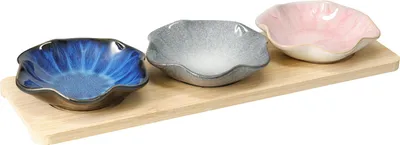Produktbild von Servierset, 4-teilig: Bambustablett mit 3 Porzellanschalen in Blumenform