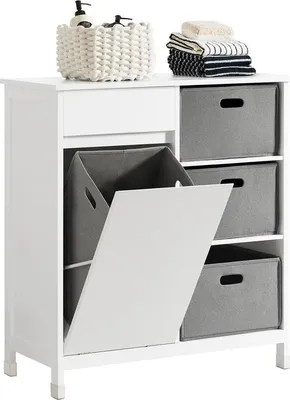 Produktbild von Mara Badezimmerschrank - Kippbarer Wäschekorb - Badezimmermöbel mit Wäscheschrank - Weißgrau - MDF - 38 x 80 x 91 cm