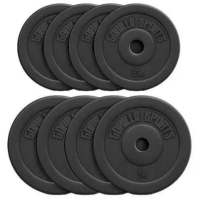 Produktbild von GORILLA SPORTS® Hantelscheiben - 30kg Set, 4x2,5 kg + 4x5 kg Gewichte, 30mm Bohrung, aus Kunststoff - Gewichtsscheiben, Hantelscheiben-Set, Hanteln