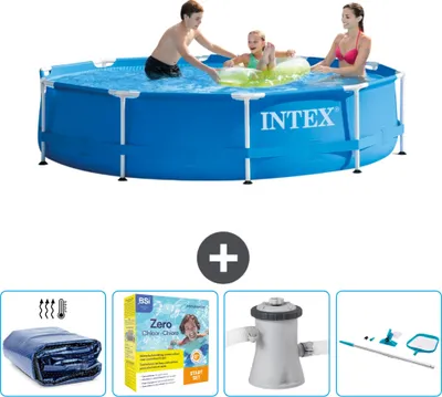 Obrázek produktu pro Bazén Intex s kulatým rámem - 305 x 76 cm - modrý - včetně markýzy - balíčku pro údržbu - filtračního čerpadla pro bazén - čisticí sady