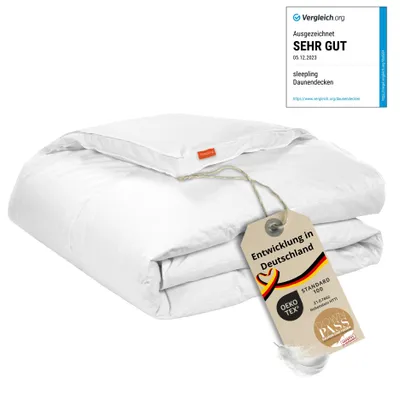A folded white duvet is shown on a white background, with a tag attached by string.
