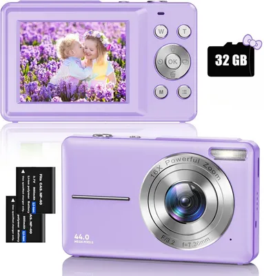 Produktbild von 1080P Digitalkamera mit 32 GB Karte, Kinder kompakte Digitalkamera, 44 MP, 16-facher Digitalzoom, 2,4-Zoll-Bildschirm, tragbare Kompaktkamera, Lila