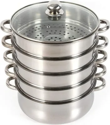 Obrázek produktu pro 30cm parní hrnec Parní hrnec 5 Tier Cooking Steamer Nerezová ocel Skleněná poklice Tlakový hrnec na vaření Kuchyňské spotřebiče