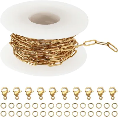 Imagen del producto de Cadena de grapas de acero inoxidable, 5 metros, 12x4 mm, con 10 mosquetones y 30 aros abiertos, para la fabricación de joyería