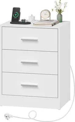 Produktbild von WOLTU Nachttisch, Beistelltisch mit Ladefunktion, Steckdose, 3 Schubladen, Modern, Weiß