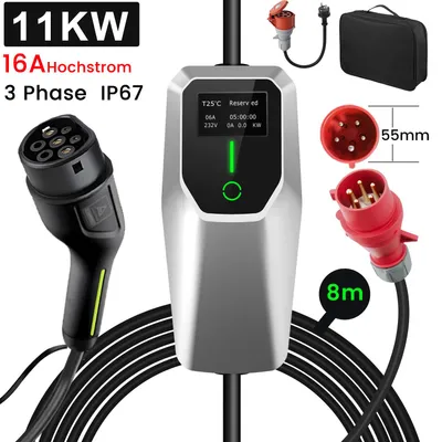 Obrázok produktu pre 11 kW, 16 A, nabíjačka typu 2 pre elektromobily, 8 m TPE kábel, prenosná nabíjacie stanica s LCD displejom, vodotesná podľa IP67
