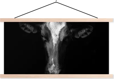 Produktbild von MuchoWow® Textilposter Kuh - Tiere - Schwarz 120x60 cm mit holzfarbenen Rahmen - Klemmleiste