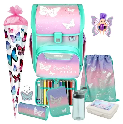 Produktbild von Scooli Schulranzen 1. Klasse Mädchen Butterfly Wishes Schmetterling EasyStart Schulranzen-Set (9tlg. mit Brotdose Trinkflasche Fairy-Püppchen Schultüte S)
