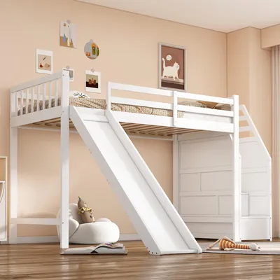 Produktbild von Kinder-Hochbett 90x200 cm aus Kiefernholz & MDF Spielbett mit Rutsche, Ablageleiter & Rausfallschutz Geräuschlos & Stabil EN747 Weiß