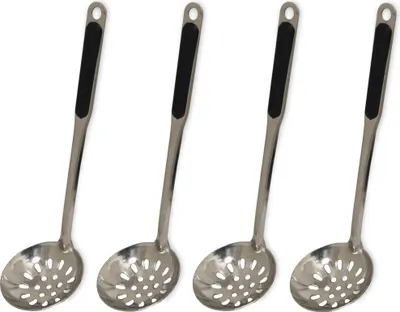 Produktbild von 4x Fondue-Löffel mit Löchern Ø 7cm L 26cm, silberfarben, Sieblöffel für Feuertopf, Mongolentopf
