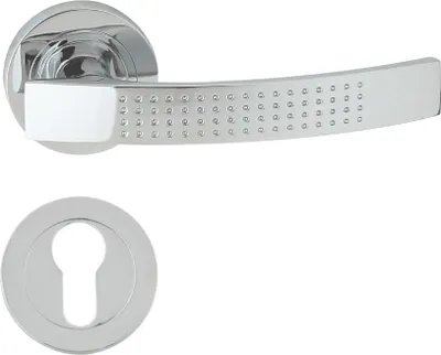 Produktbild von DOMINO Türgriff Drückergarnitur PZ - Profilzylinder Set | Rund-Rosette | Türklinke für Zimmertür, Bürotür, Kellertür & Innentür | Türbeschläge aus Aluminium | Chrom Türdrückergarnitur | ALMA-R ECO M6