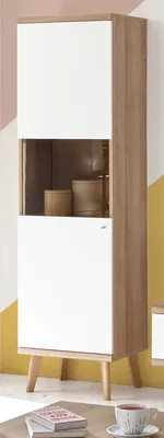 Produktbild von Vitrine "Helge" in weiß und Eiche Riviera Vitrinenschrank Skandi 50 x 197 cm