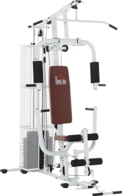 A white home gym machine with a brown seat and black padding, set against a white background.