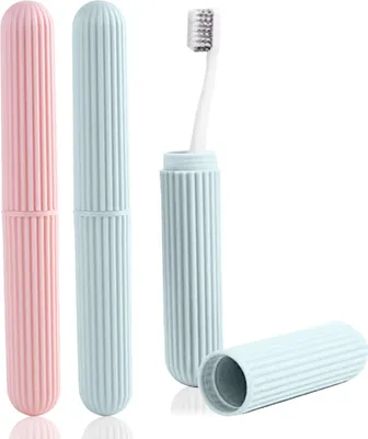 Produktbild von Zahnbürstenhalter – Reiseetui für Zahnbürsten – Tragbarer Zahnbürstenbehälter – Zahnbürstenschutz – Zahnbürstenaufbewahrungsbox – für Camping, Wandern und Zuhause – Rosa + Grün – 2 Stück