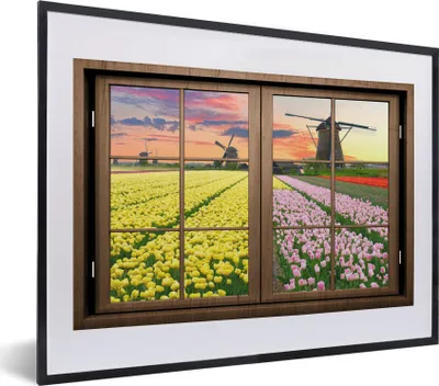 Produktbild von MuchoWow® MuchoWow® Gerahmtes Poster Ansicht - Mühle - Tulpen 40x30 cm - Poster mit zchwarzem Bilderrahmen - Bilderrahmen - Poster im Rahmen