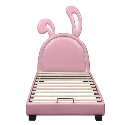 Produktbild von Polsterbett,Kinderbett(Pink)mit Lattenrosten und Rückenlehne, Mädchenbett in Hasenohrform mit erhöhten Füßen