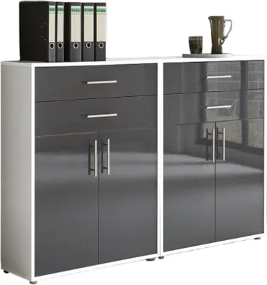 Produktbild von Aktenschrank TABOR 17 in weiß / anthrazit Hochglanz, Schrankwand, Büroschrank, Metallgriffe