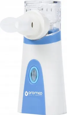A white and blue portable inhaler is shown against a white background.