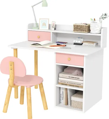 Produktbild von Kinderschreibtisch-Set mit Stuhl, Kinderschreibtisch mit Schubladen, F?chern und Regalen, rosa und wei?