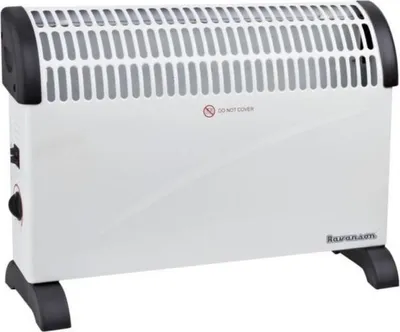 A white electric heater with black accents and feet, shown from the front.