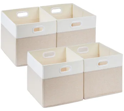 Image de Boîtes de rangement en tissu, 30 x 30 x 30 cm, paniers de rangement pliables pour armoire, étagère et vêtements, lavables (beige clair/blanc)