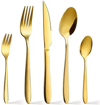Image de Ensemble de couverts Unyqoos® doré, 30 pièces pour 6 personnes – acier inoxydable de haute qualité, finition dorée, comprenant : 6 couteaux, 6 fourchettes, 6 cuillères, 6 fourchettes à dessert, 6 cuillères à café, compatible lave-vaisselle