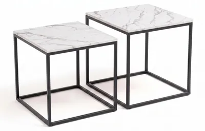 Obrázok produktu pre Sada dvoch štvorcových konferenčných stolíkov rôznych veľkostí, 50 x 50 x 50,5 cm - biely mramor / čierny rám