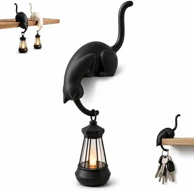 Produktbild von Katzenhaken - Wandhaken in Katzenform - Kleiderhaken - Aufhängehaken - Dekorativer Haken mit Vintage-Laterne - für Taschen, Kleidung und Flurdeko