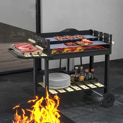 Produktbild von Holzkohlegrill Grillwagen mit 2 Grillrosten, höhenverstellbar, Kohlegrill Metall, Schwarz | 113×53,5×82,5 cm | 4 Höhenstufen | Ablagen & Räder