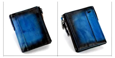 Produktbild von Herren-Geldbörse aus echtem Leder mit doppeltem Reißverschluss, kompakt und RFID-blockierend, in Blau, Vintage-Design