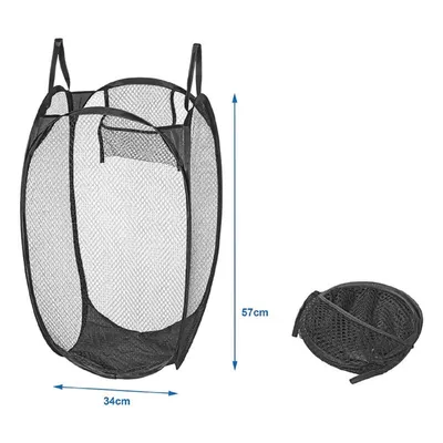 A black mesh laundry basket is shown in its expanded state on the left and folded on the right, with dimensions indicated.