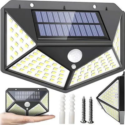 Zdjęcie produktu dla Solarna lampa zewnętrzna z czujnikiem ruchu - 100 diod LED, wodoodporne oświetlenie ogrodowe