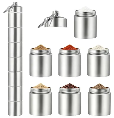 Image de Omgoods - Ensemble de distributeurs d'épices 7-en-1 pour camping - Petits pots d'épices portables en aluminium