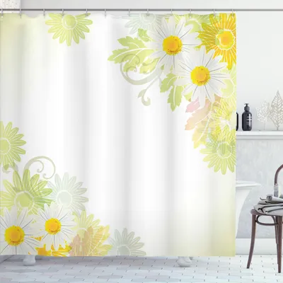 Produktbild von ABAKUHAUS Blume Duschvorhang, Abstrakt Gänseblümchen Schnörkel Blätter Sonne Curlicue Illustration Muster, 175 x 200 cm, Weiß und Gelb