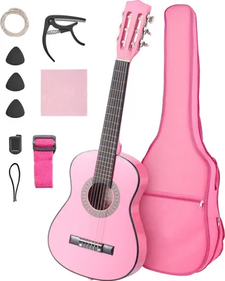 Image de Guitare classique SucceBuy, 780 mm Kit de démarrage pour guitare classique en bois pour débutants, avec cordes en nylon, housse de transport, sangle, accordeur, cordes de rechange, médiators, capodastre, tilleul, pour débutants, étudiants, rose