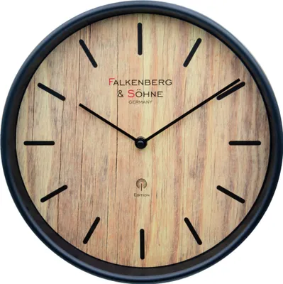 A close-up of a wall clock with a wood-grain face and black hands.