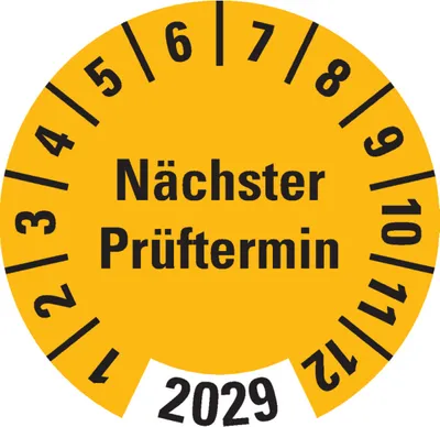 Produktbild von Dreifke® Prüfplakette Nächster Prüftermin 2029, gelb, Dokumentenfolie, Ø 30mm...