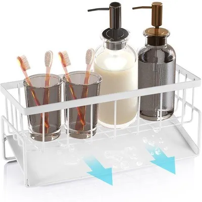 Image de Organisateur de lavabo en acier inoxydable avec bonde, blanc, à vidange automatique