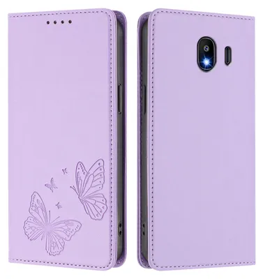 Image de Étui en cuir pour Samsung Galaxy J4 2018, motif papillon, étui portefeuille à rabat avec support, violet clair