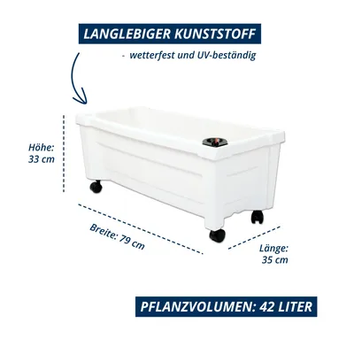 Produktbild von KHW Pflanzkasten "Calypso" aus Kunststoff auf Rollen mit Bewässerungssystem;  Maße 79 x 35 x 33 cm; UV- und wetterbeständig. Farbe: Weiß.