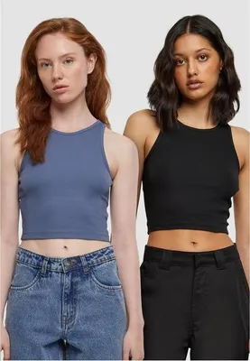 Obrázok produktu pre Dámske tričko Urban Classics Ladies Cropped Rib Top 2-Pack vintageblue+black - L
