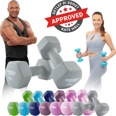 Produktbild von Miweba Sports Profi Neopren Hantel NKH100 | Hantelset - Kurzhanteln - Hexagon - Home Workout - Krafttraining - Anti Rutsch Oberfläche (Grau 2x 8,0 Kg)