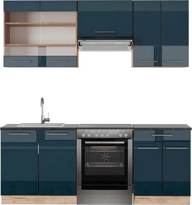 Produktbild von Küchenzeile Vicco Fame-Line Dunkelblau Hochglanz/Goldkraft Eiche 200 cm , AP Anthrazit, Model 49781